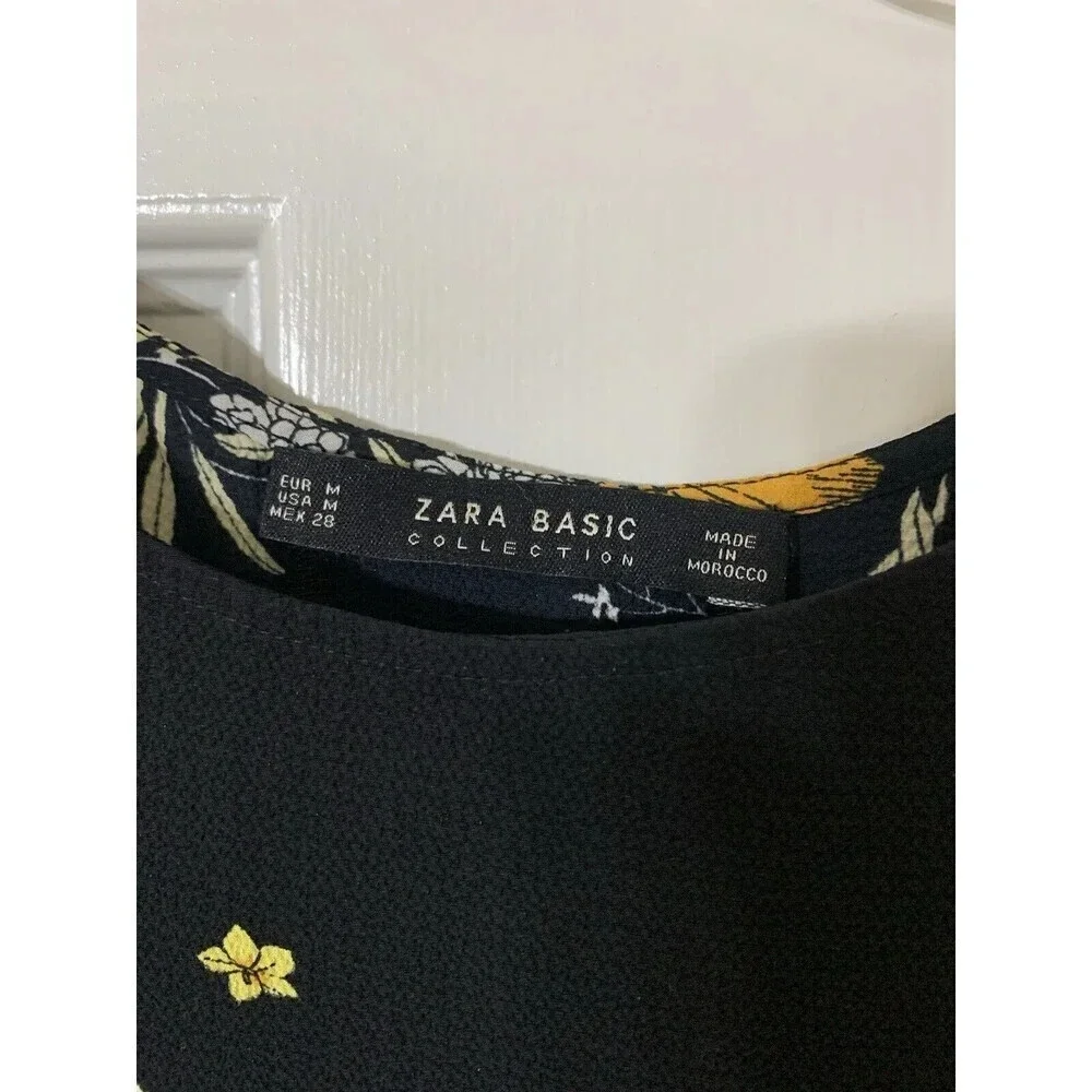 ZARA Floral Lace Up Back‎ Midi Dress ShortSleeves Medium Black Yellow